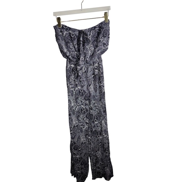 Harper Paisley Jumpsuit Navy White Wide Leg Strapless Halter Rayon - Picture 3 of 9
